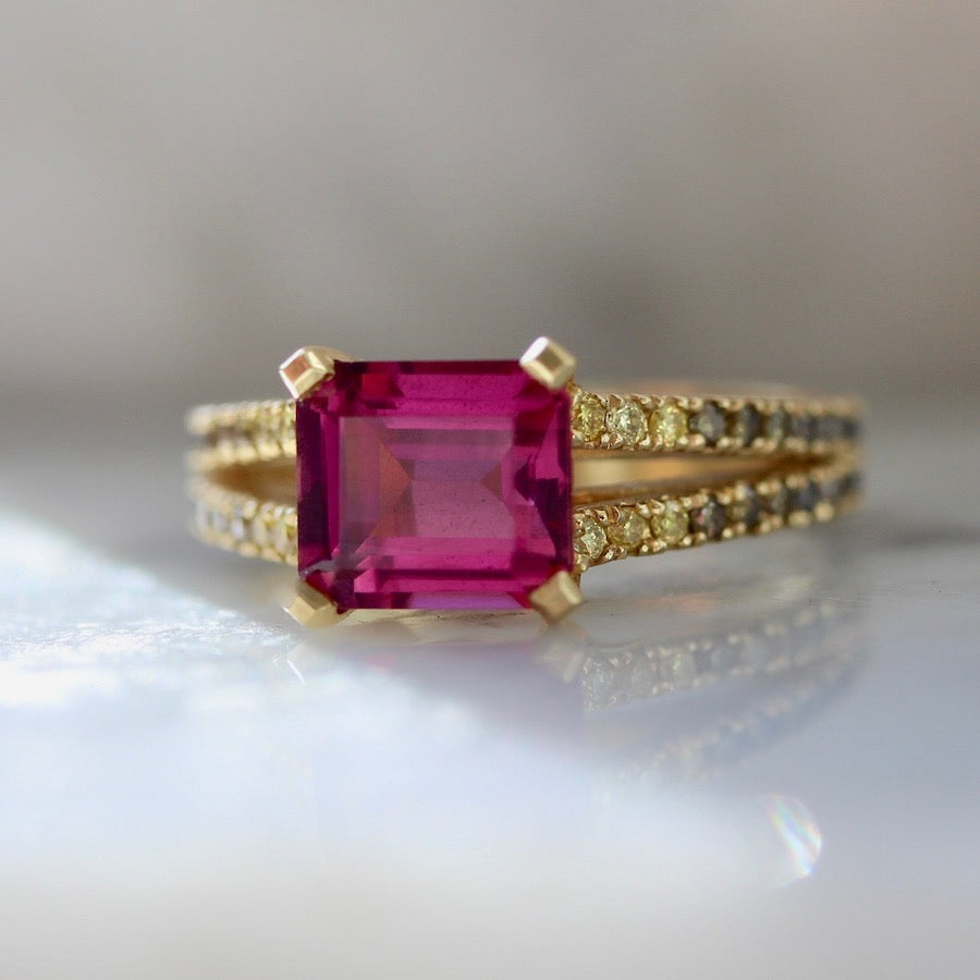 Isla Emerald Cut Rubellite Tourmaline and Diamond Medley Ring