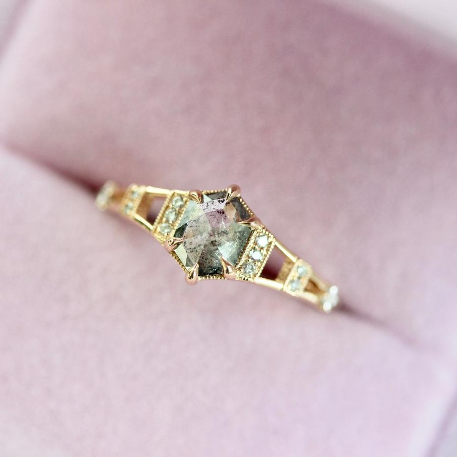 Calais Salt and Pepper Hexagon Rose Cut Diamond Ring