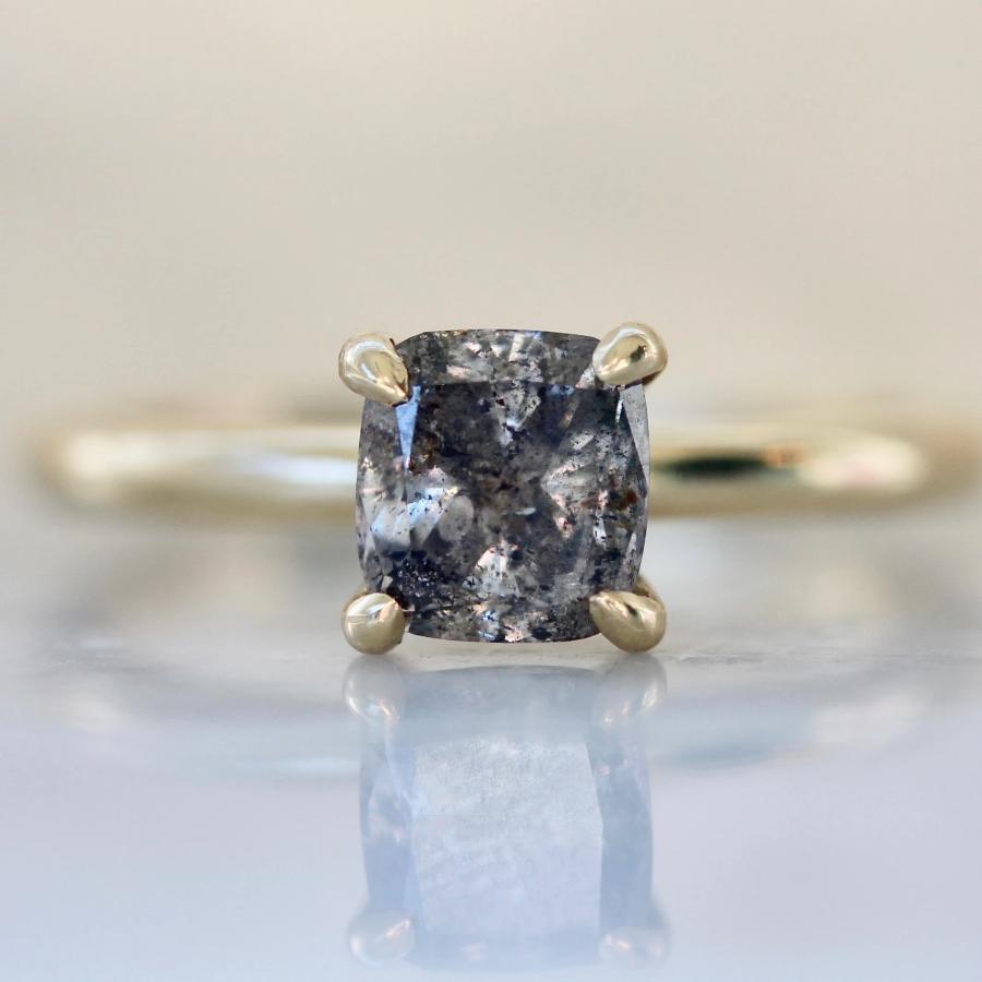 
            Raven Salt and Pepper Cushion Cut Solitaire Ring in Yellow Gold