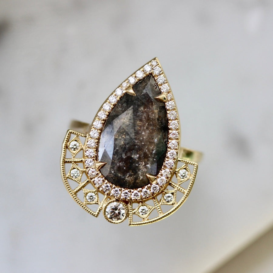 Samira Pear Cut Salt and Pepper Ring in Yellow Gold