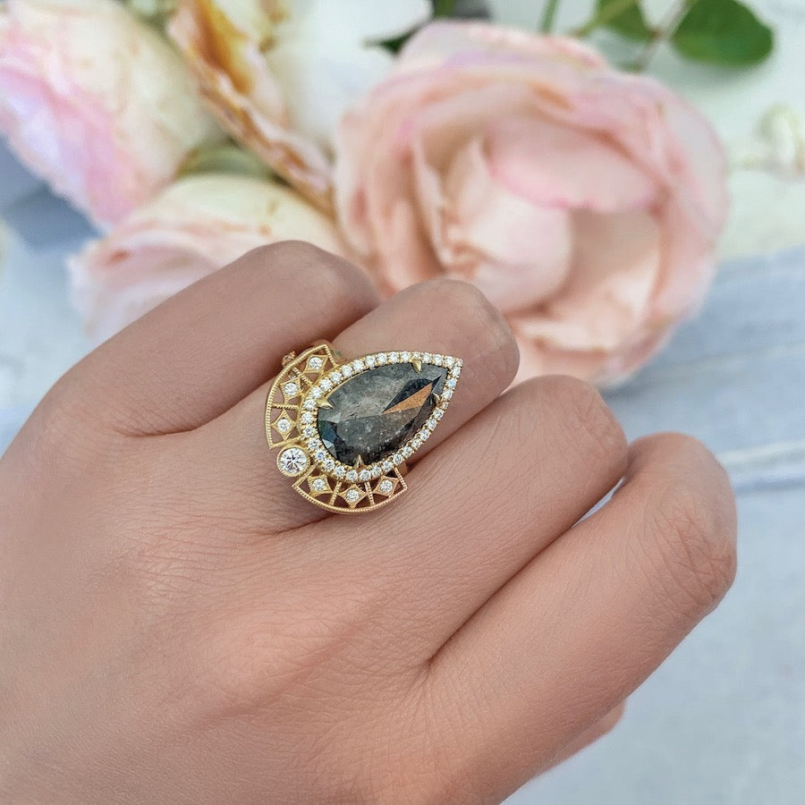 Samira Pear Cut Salt and Pepper Ring in Yellow Gold