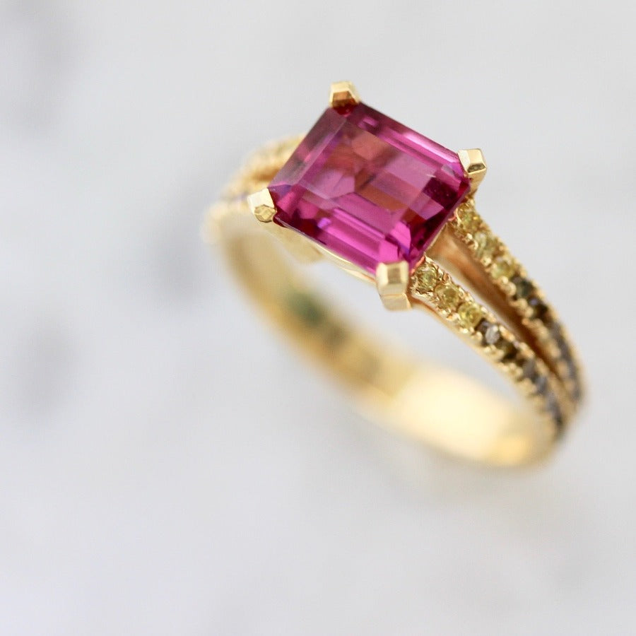 Isla Emerald Cut Rubellite Tourmaline and Diamond Medley Ring