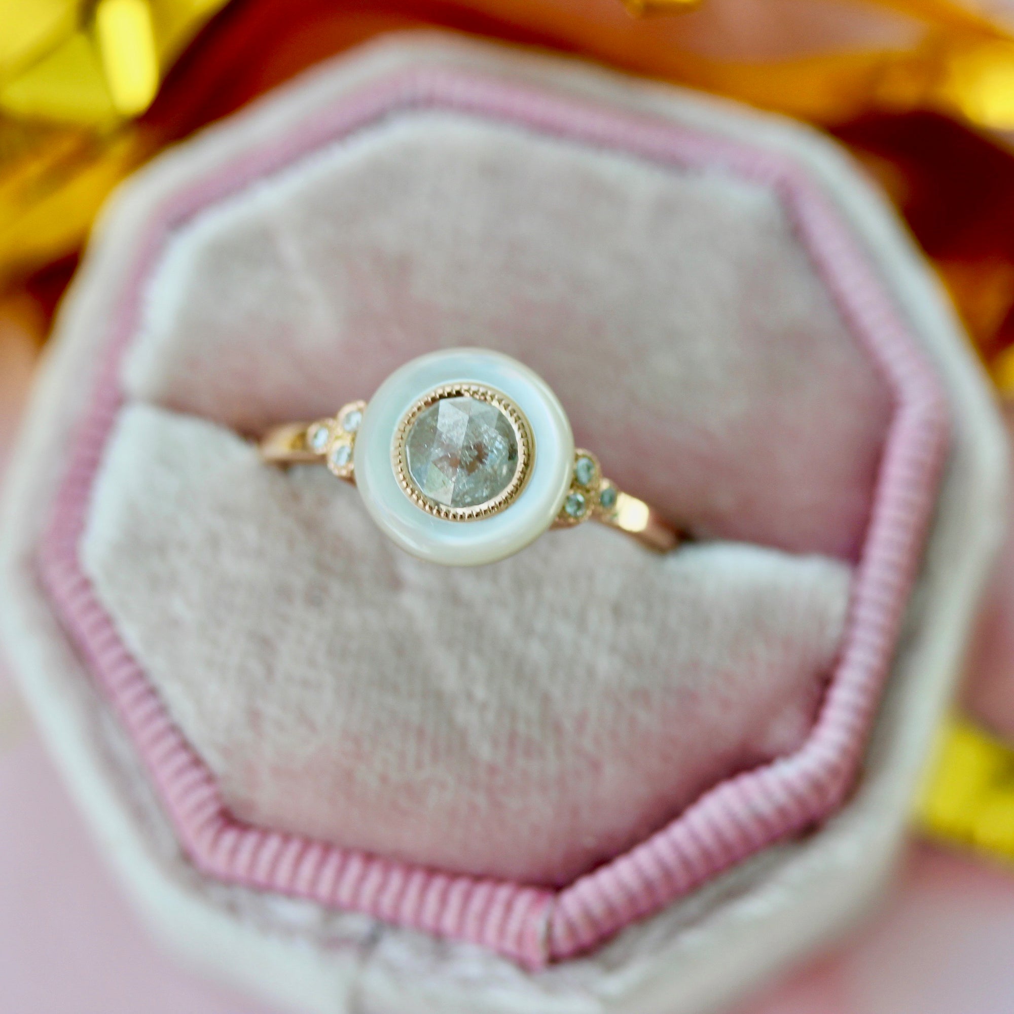 Nadine Mother Of Pearl & Icey Round Rose Cut Diamond Ring in Rose Gold