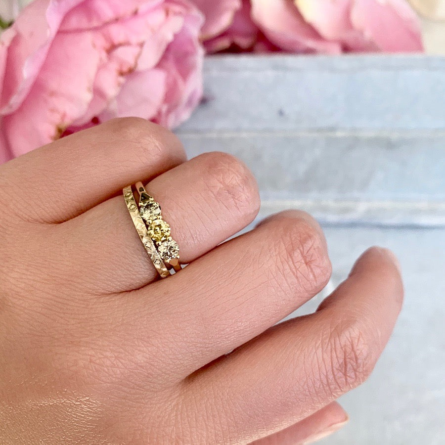 The Fates Mixed Colored Diamonds Three Stone Yellow Gold Ring