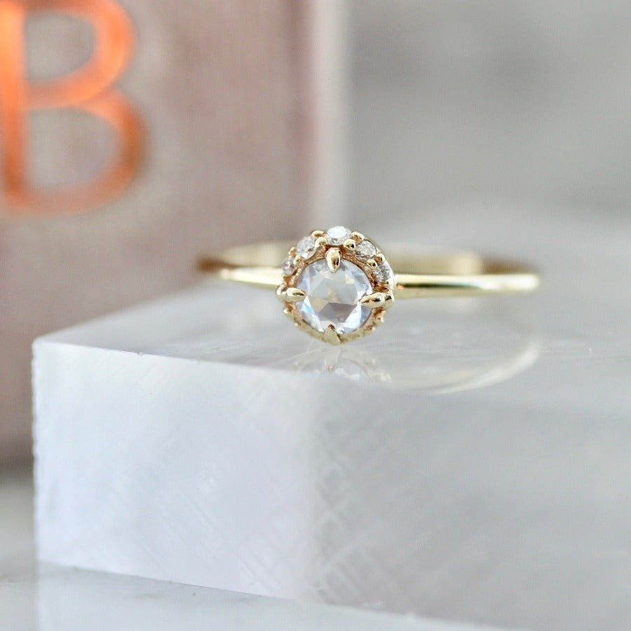 Moonbeam White Round Rose Cut Sapphire & Diamond Ring