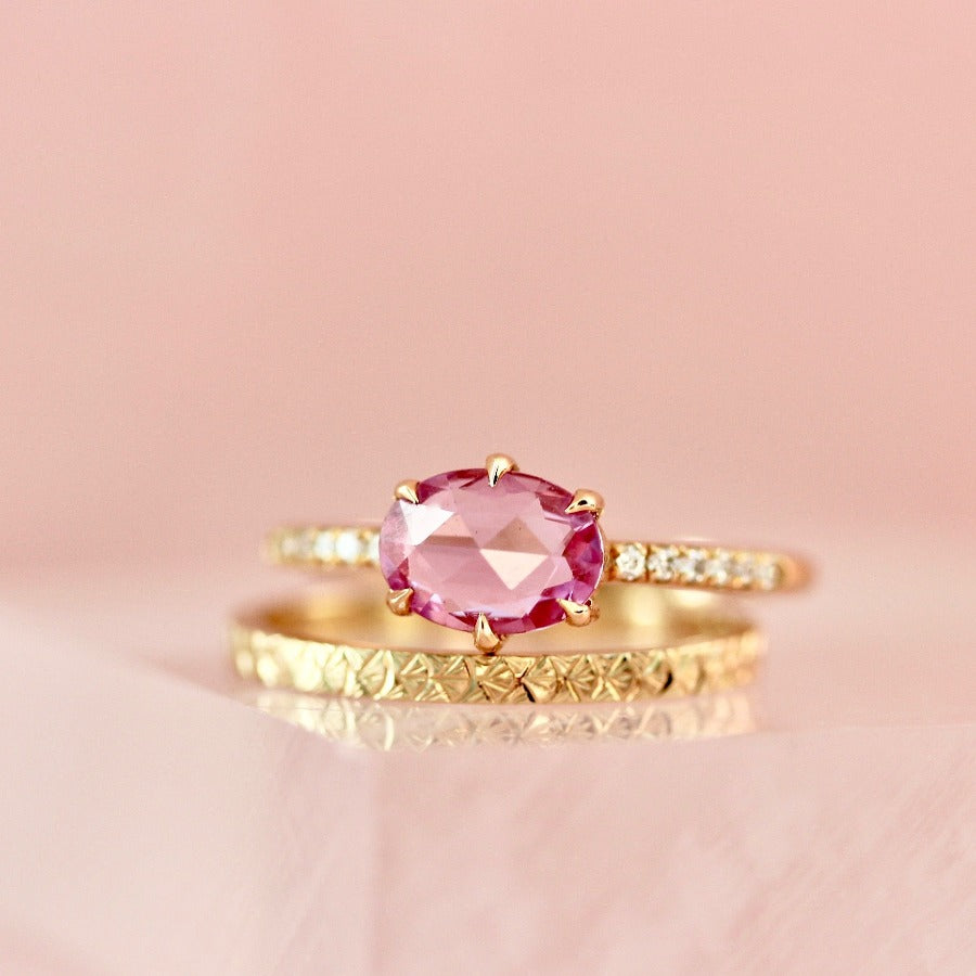Duchess Hot Pink Oval Rose Cut Sapphire Ring in Peach Gold