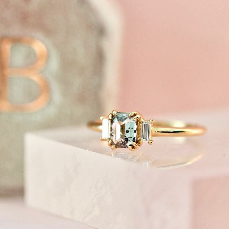 Lottie Emerald Cut Salt and Pepper Diamond Ring