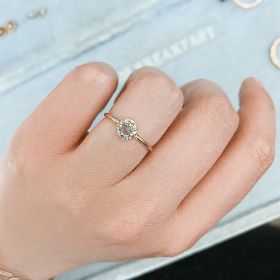 Moonbeam White Round Rose Cut Sapphire & Diamond Ring