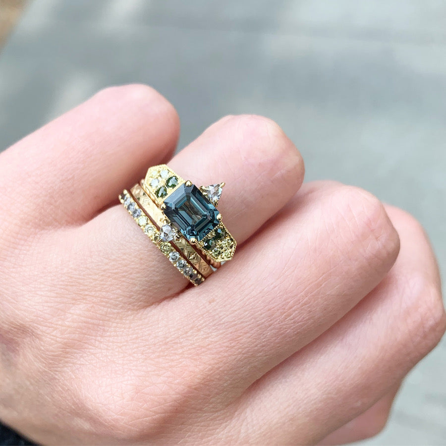 Zuzu Emerald Cut Teal Spinel and Diamond Medley Ring