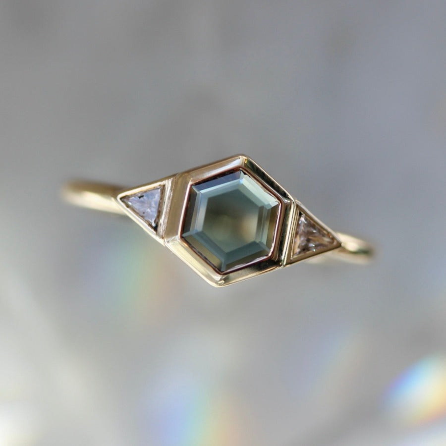High Stakes Teal Hexagon Portrait Cut Spinel Ring