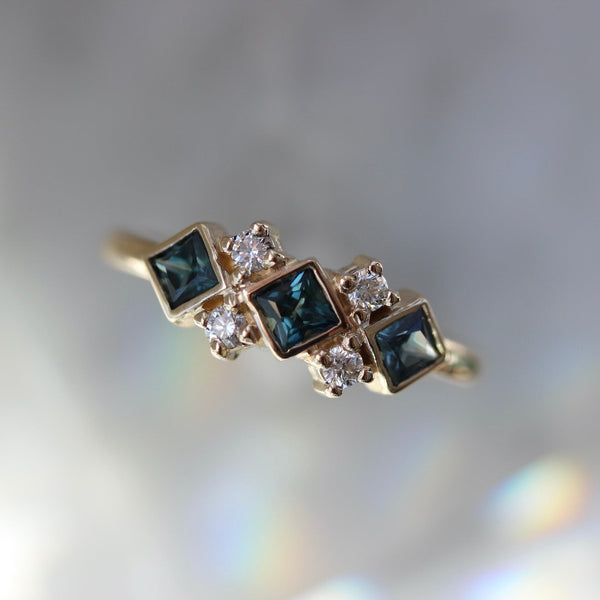 Double Dutch Blue-Green Princess Cut Sapphire & Diamond Ring