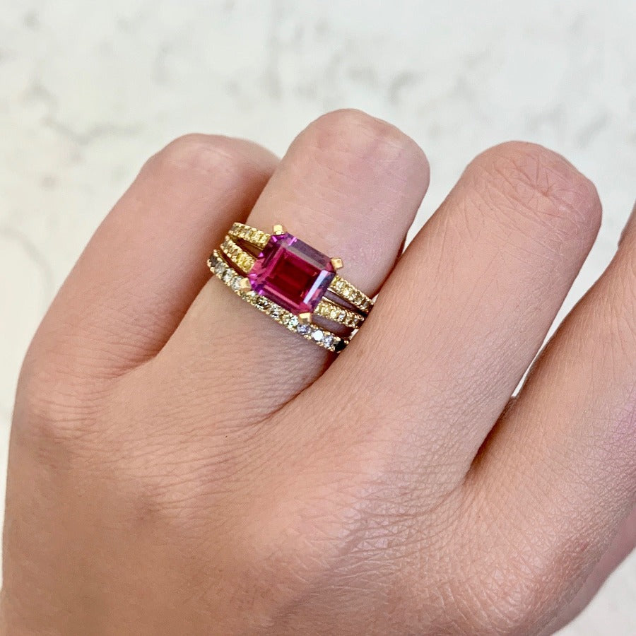 Isla Emerald Cut Rubellite Tourmaline and Diamond Medley Ring