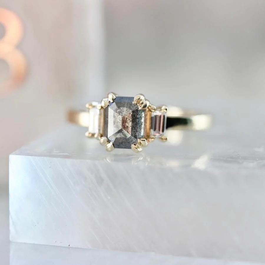 Midnight Muse Salt and Pepper Emerald Rose Cut Diamond Ring
