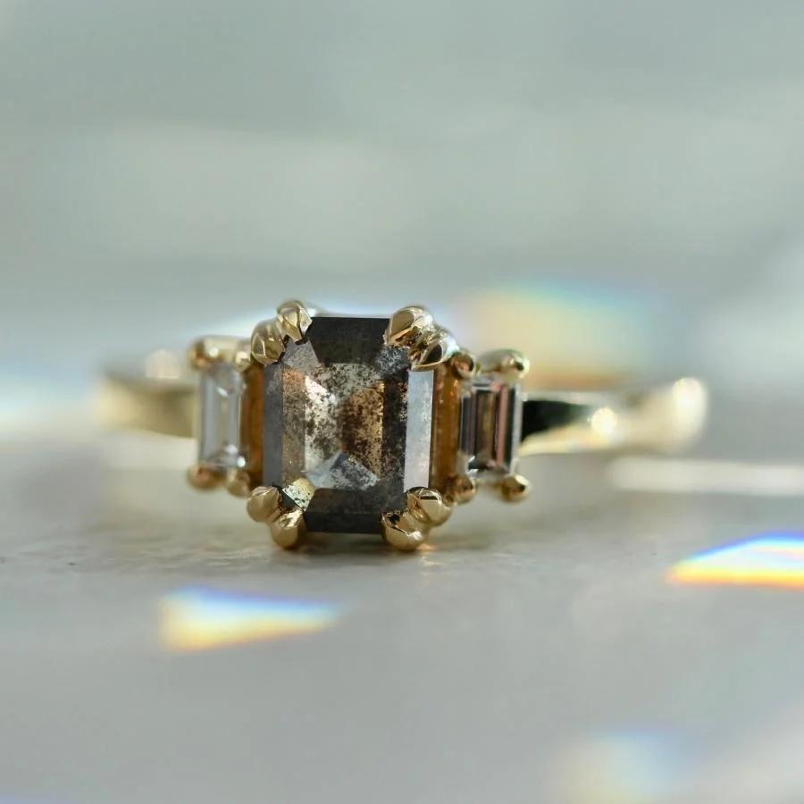 Midnight Muse Salt and Pepper Emerald Rose Cut Diamond Ring