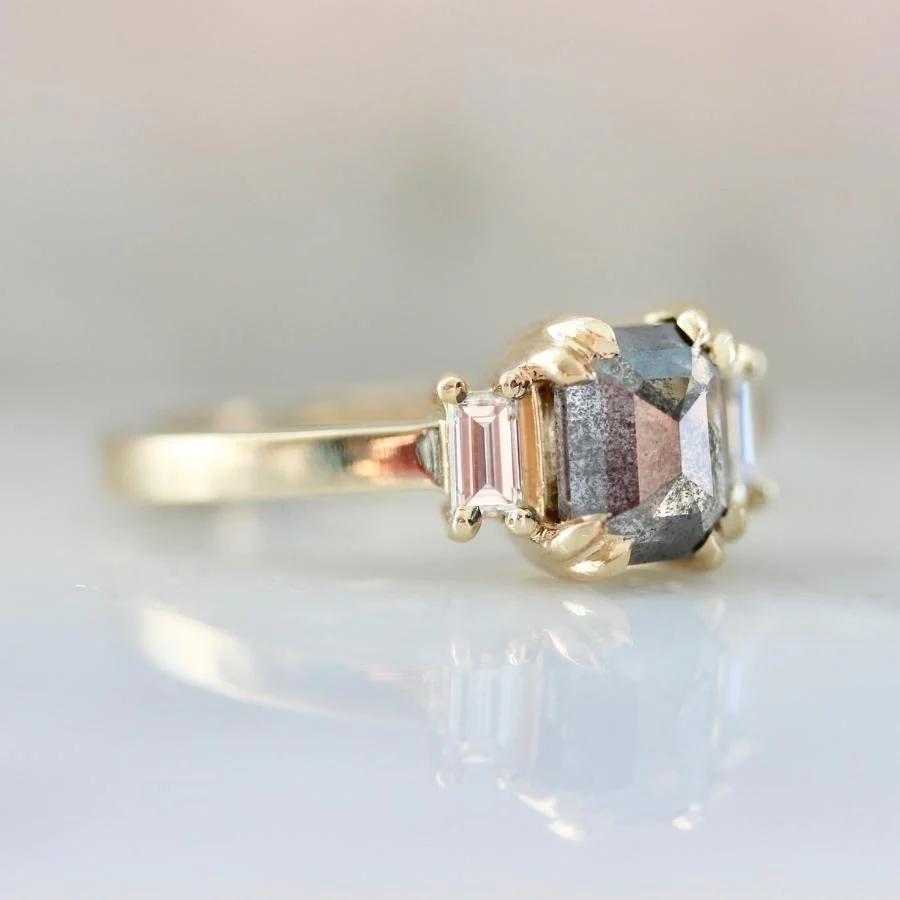Midnight Muse Salt and Pepper Emerald Rose Cut Diamond Ring