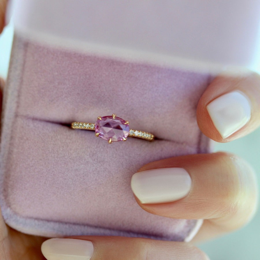 Duchess Hot Pink Oval Rose Cut Sapphire Ring in Peach Gold