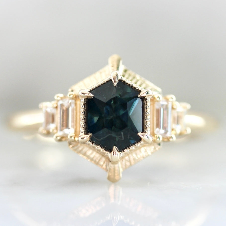 New York Minute Blue-Green Hexagon Cut Sapphire Ring
