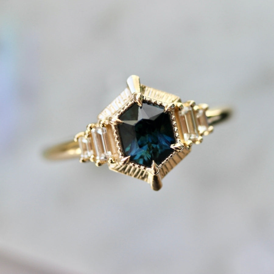 New York Minute Blue-Green Hexagon Cut Sapphire Ring
