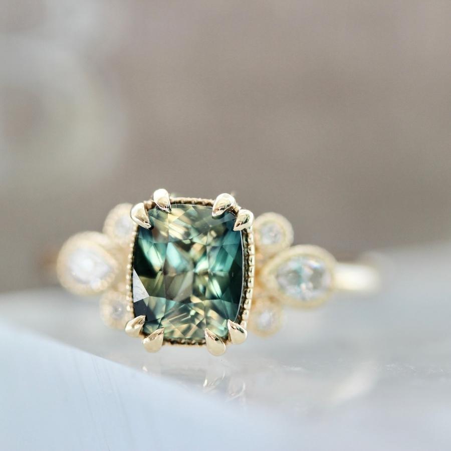 Parlor Trick Blue-Green Cushion Cut Sapphire Ring