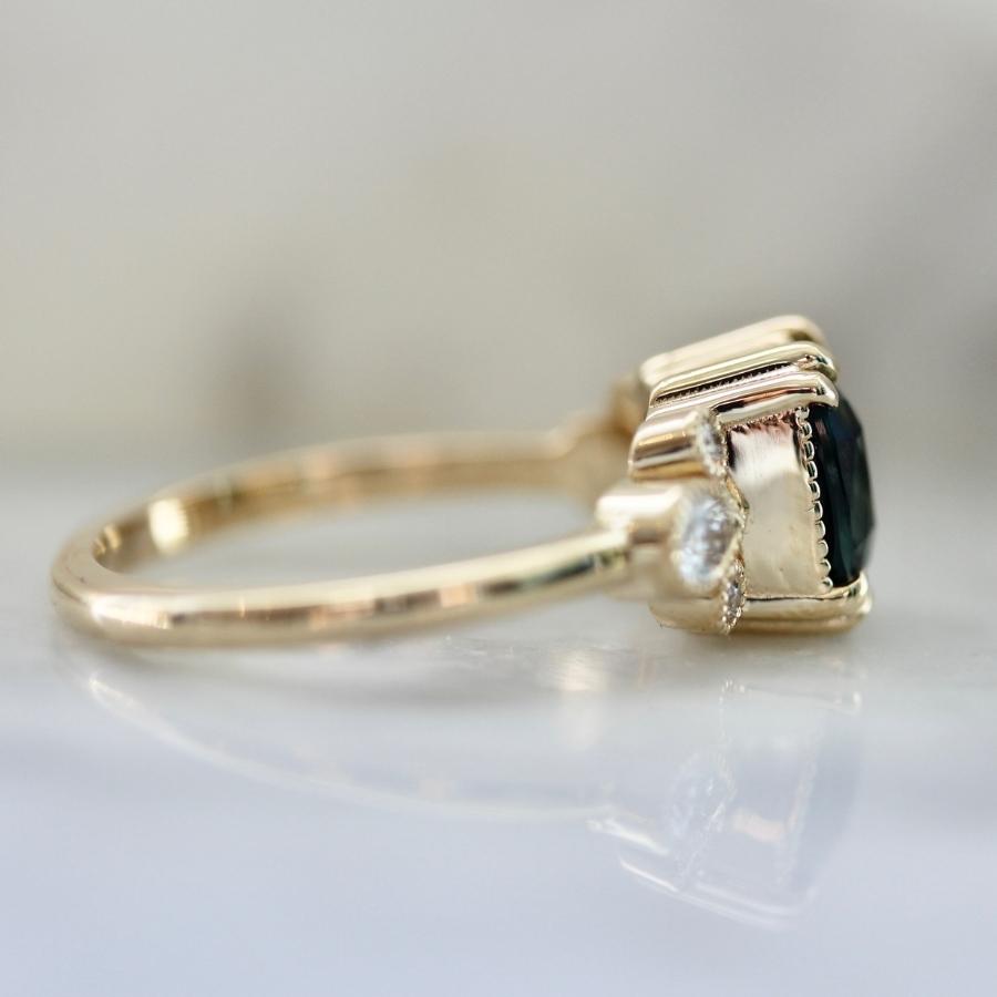 Parlor Trick Blue-Green Cushion Cut Sapphire Ring