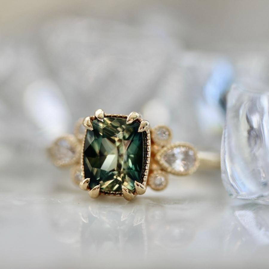 Parlor Trick Blue-Green Cushion Cut Sapphire Ring