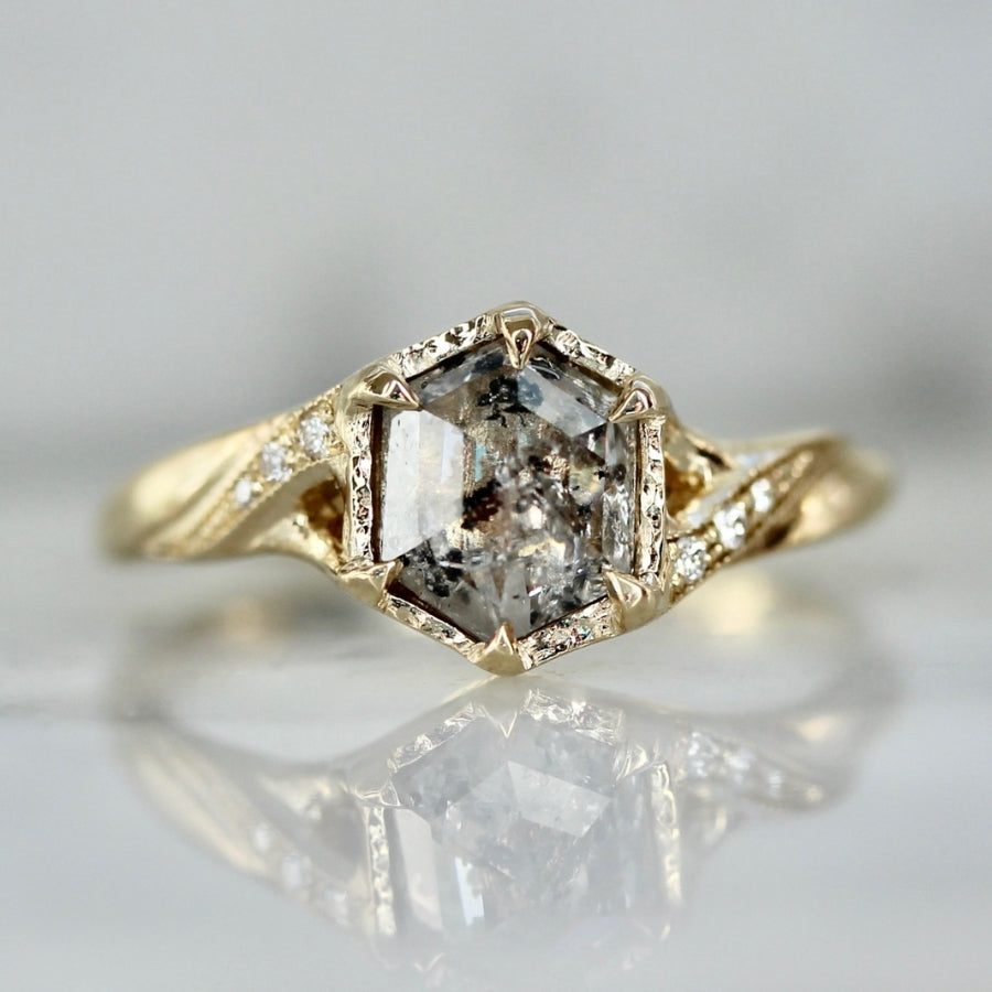Spectral Salt and Pepper Hexagon Cut Diamond Ring