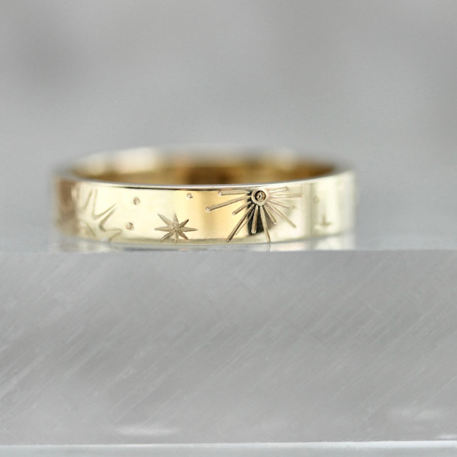 Stargazer Engraved Celestial Star Gold Band in yellow gold