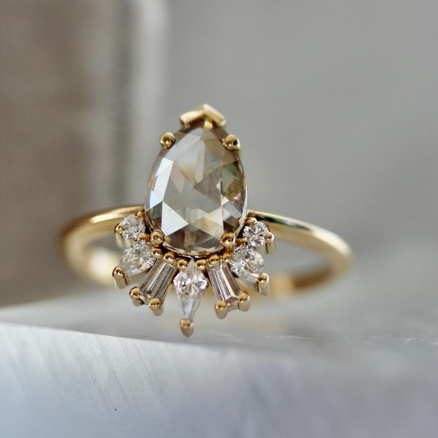 Tiramisu Champagne Pear Rose Cut Diamond Ring