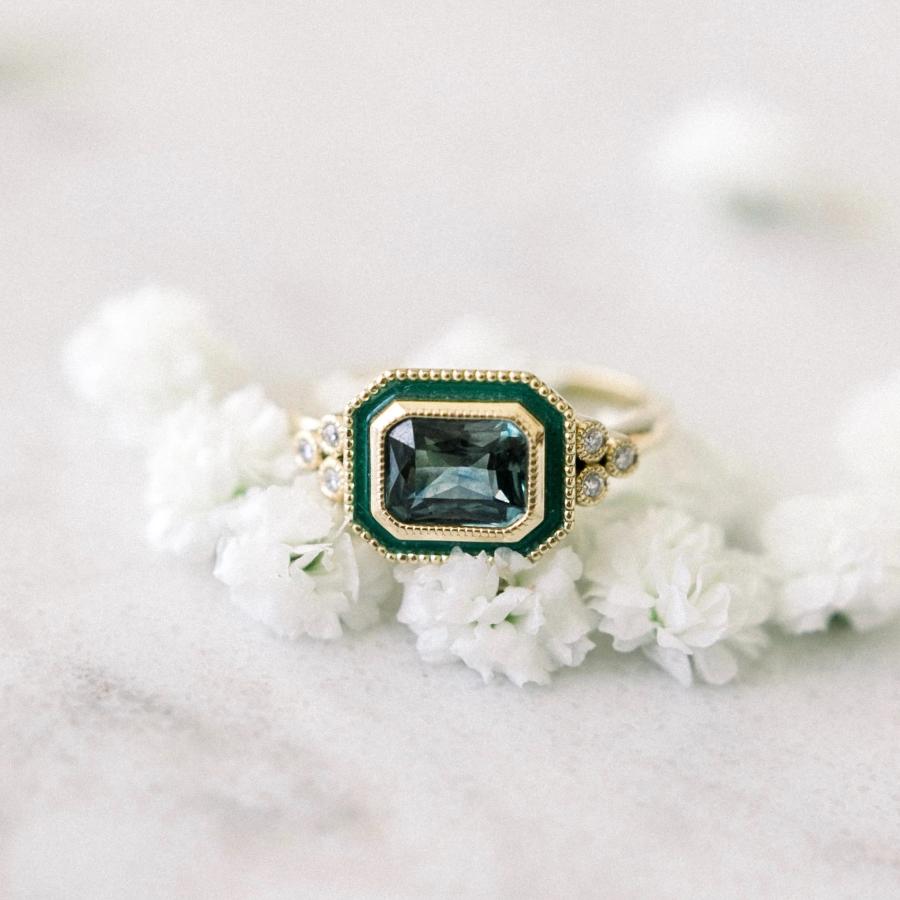 Isolde Teal Sapphire & Enamel Ring in Yellow Gold