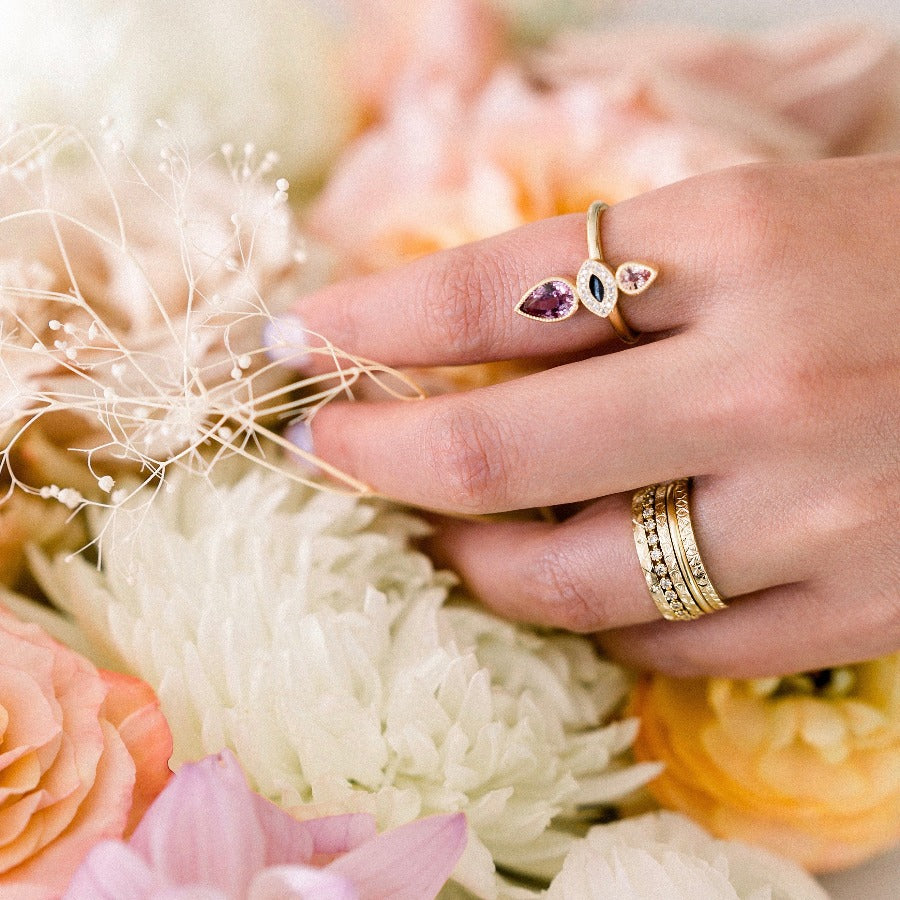 Foxglove Pink Sapphire and Diamond Enamel Ring in Yellow Gold
