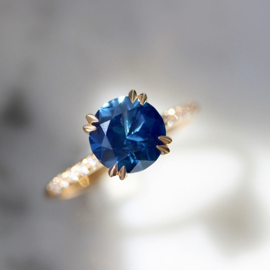 2.60 Carat Capri Blue Sapphire Stella With Pave Shoulders In Peach Gold