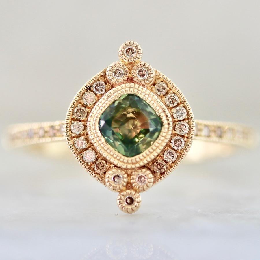 
            Emily Gill Ring Current Ring Size 7 Maggie Cushion Cut Green Sapphire &amp;  Diamond Ring