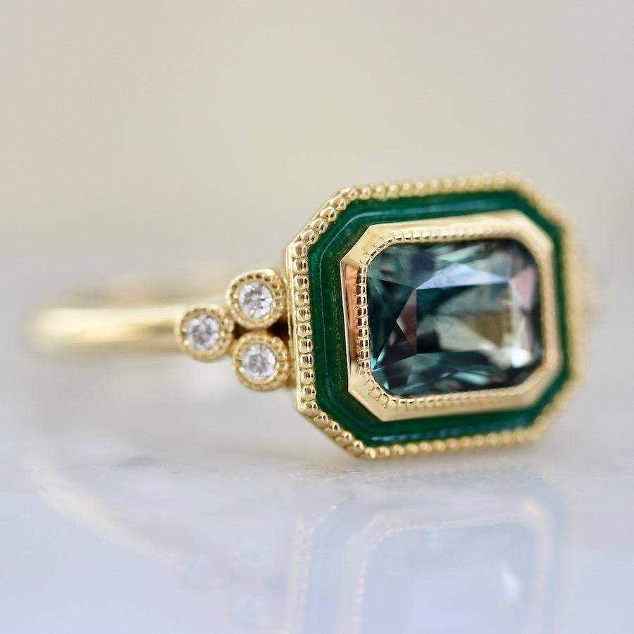 Emily Gill Ring Isolde Teal Sapphire & Enamel Ring in Yellow Gold