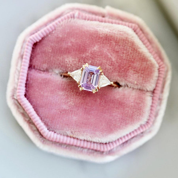 Gem Breakfast Bespoke Ring Pink Sugar Emerald Cut Sapphire & Diamond Trillion Ring