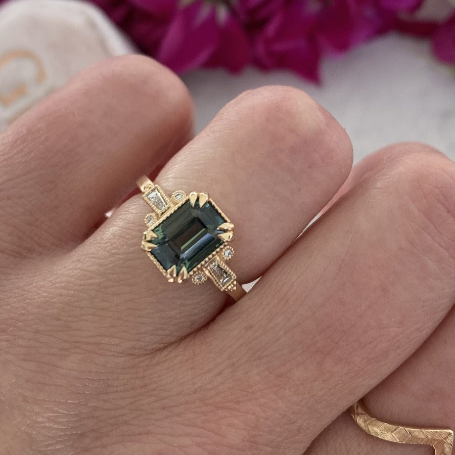 Starling Green Emerald Cut Sapphire & Diamond Ring
