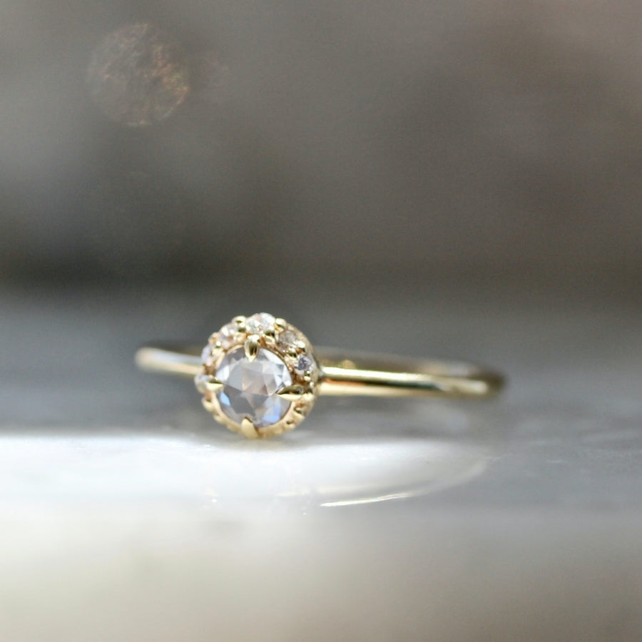 Moonbeam White Round Rose Cut Sapphire & Diamond Ring
